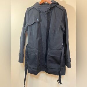 Women's Cole Haan Black Hooded Trench Coat Size Large Waterproof Lined